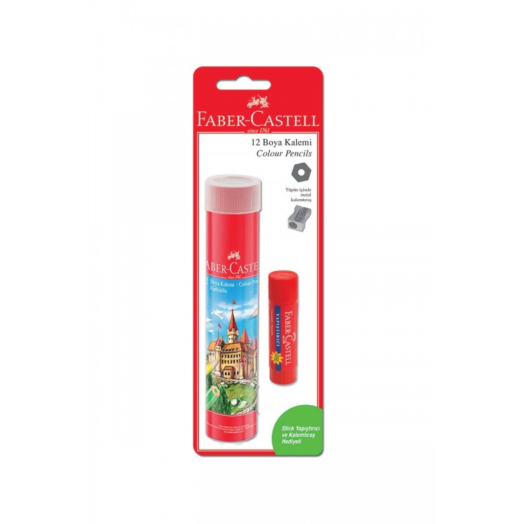 Faber-Castell 12 Renk Tüp Kuru Boya Kalemi (Stick Yapıştırıcı + Kalemtraş Hediyeli)